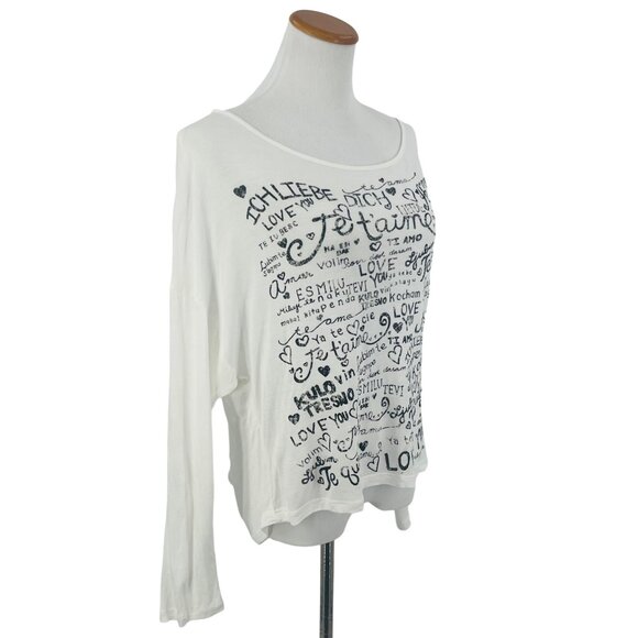 Slouchy White Black Graphic Print Cut-Out Slashed Back L/S Top | Streetwear Glam - Picture 4 of 10